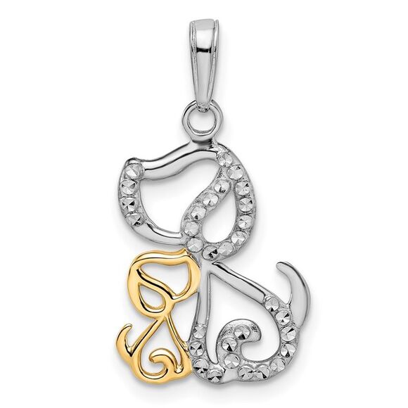 14k Yellow Gold & White Rhodium Diamond-cut Dog & Puppy Pendant
